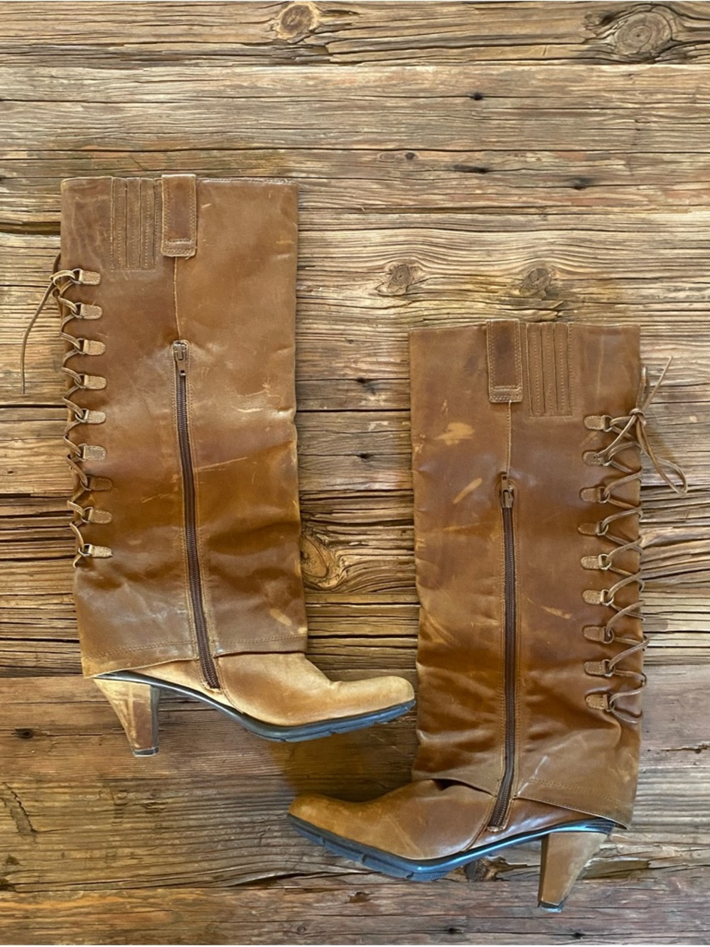 Gentle Souls Oh Shucks Brown Leather Mid-Calf Lace-Up Heeled Boots Size 8